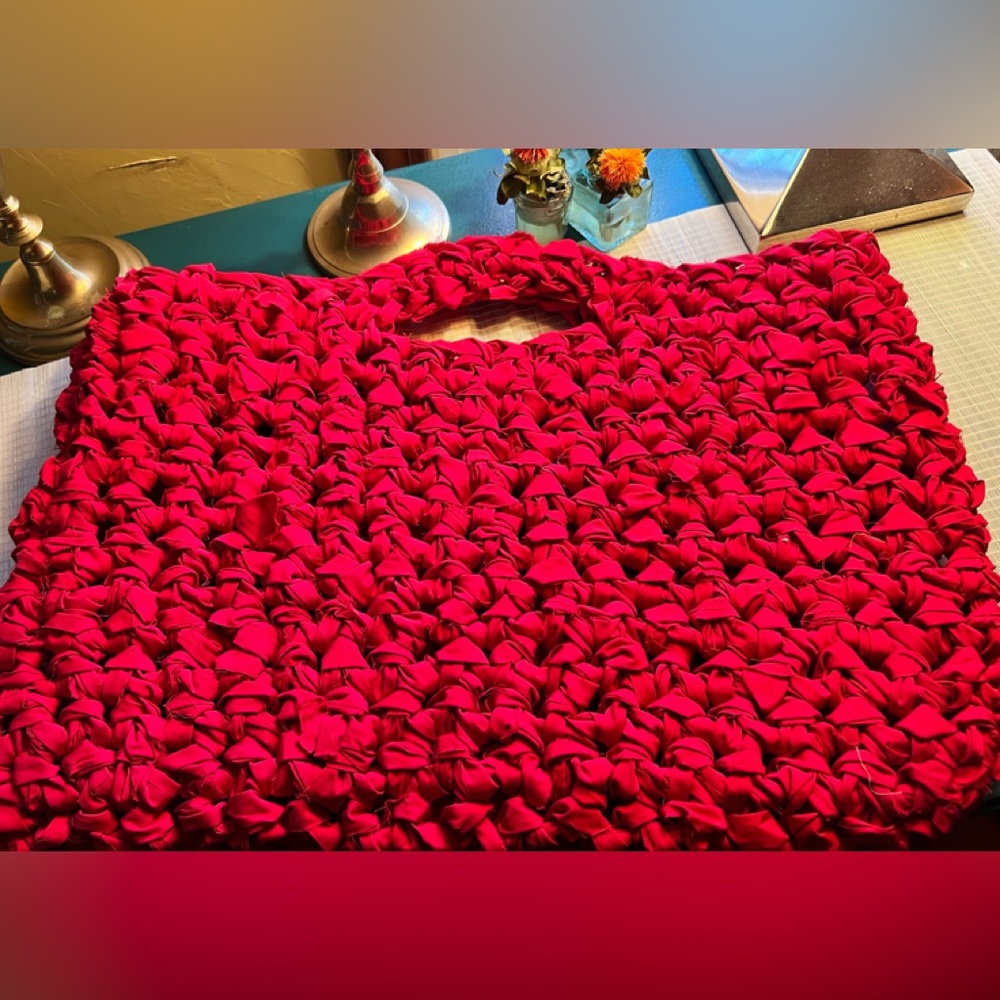 Vintage Red Rag Bag Y2K Handmade BoHo Chic Woven Grandma Core